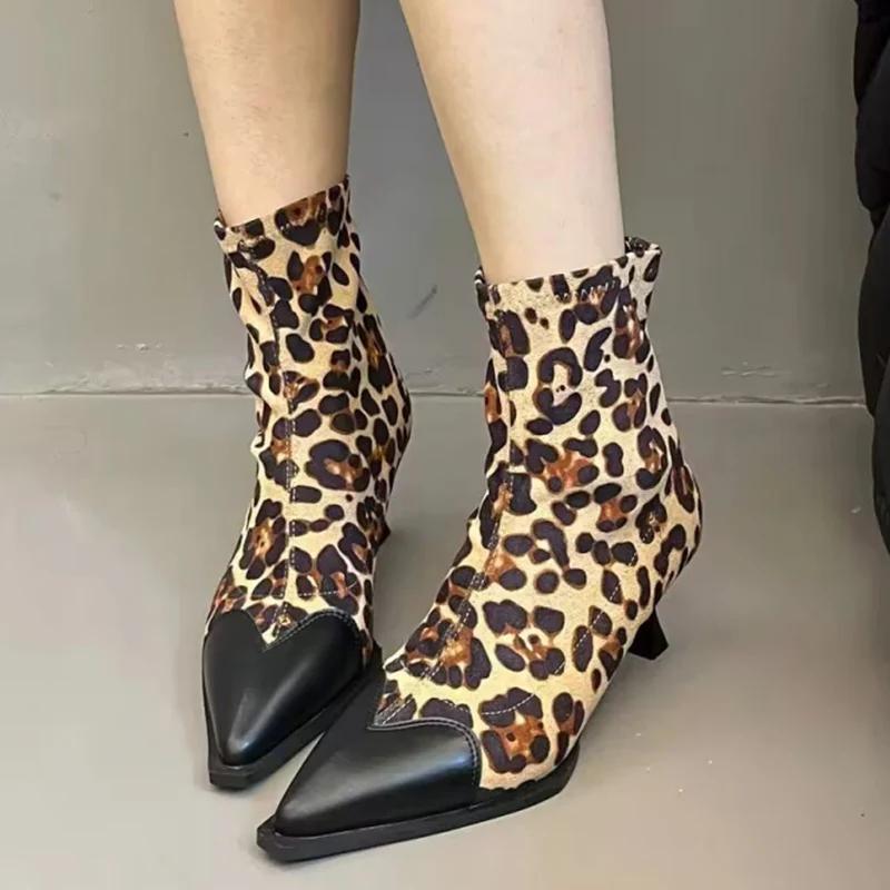 Leopardowe Zamszowe Damskie Botki do Kostki Szpiczasty Nosek Średni Obcas Seksowne Buty Moda Zimowa Botki Chelsea Modne Czółenka Goth Botas Mujer