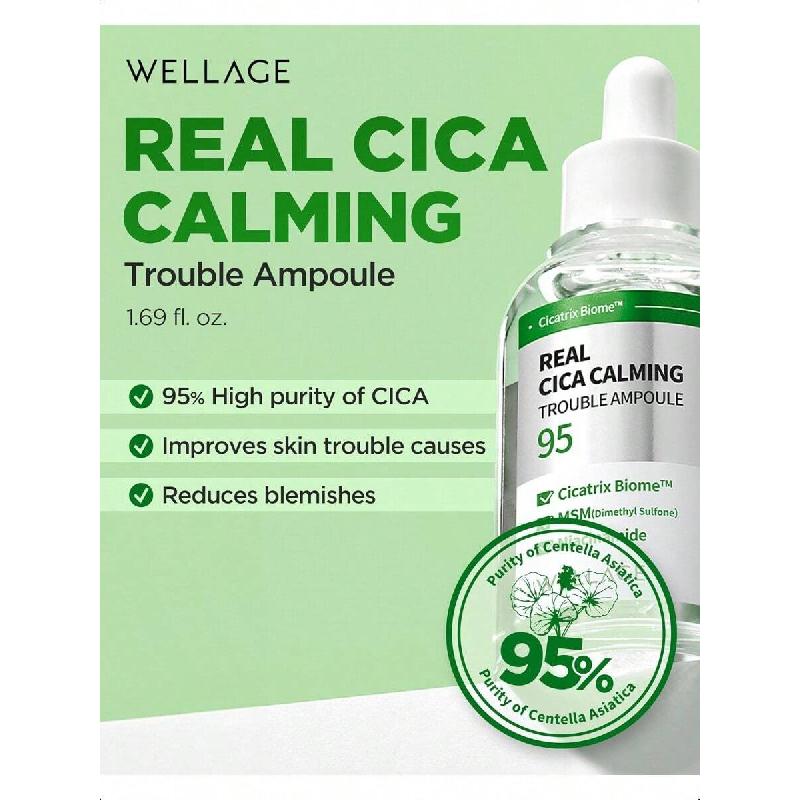 WELLAGE Real Cica Calming Trouble Ampoule 50ml - Korean Skincare Soothing Serum, Madecassoside Centella Asiatica Panthenol Niacinamide, Relief