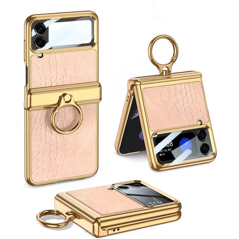 Luxury Plating Leather Case for Samsung Galaxy Z Flip 4 Magnetic All-included Hinge Ring Holder Cover for Galaxy Z Flip4 Case