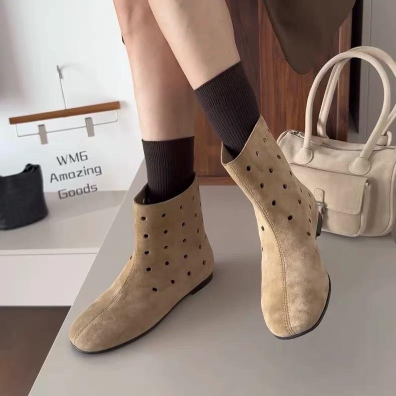 Round Head Hollow Fashion Medium Boots Autumn and Winter Leather Martin Boots Suede Boots