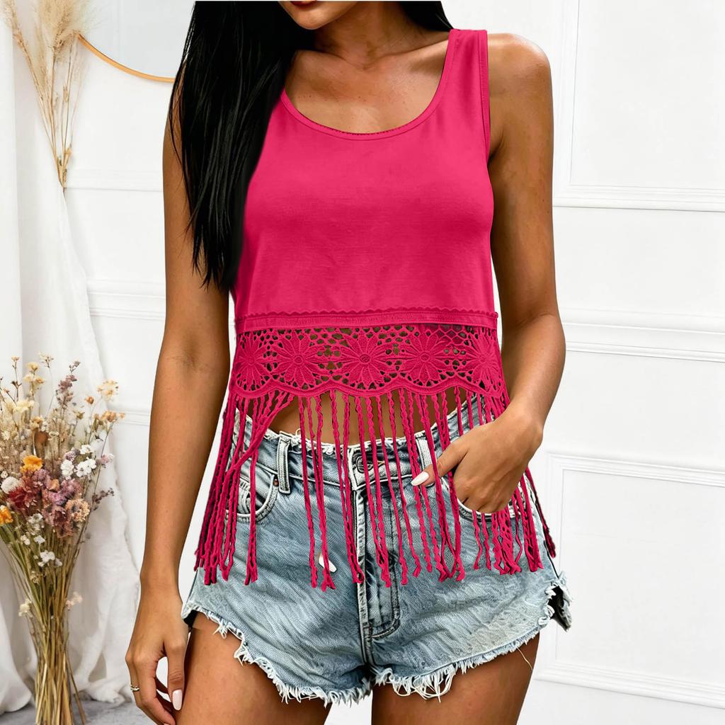 Women's Sleeveless Lace Fringe Tank Top Casual Summer Blouse Lightweight Breathable Crochet Hem Tunic Shirt for Outdoor Wear