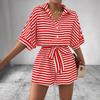 Summer Women's New Striped Lapel Button-up 1/2 Sleeves Jumpsuit Shorts, European American Style Casual Outfit for Crossborder