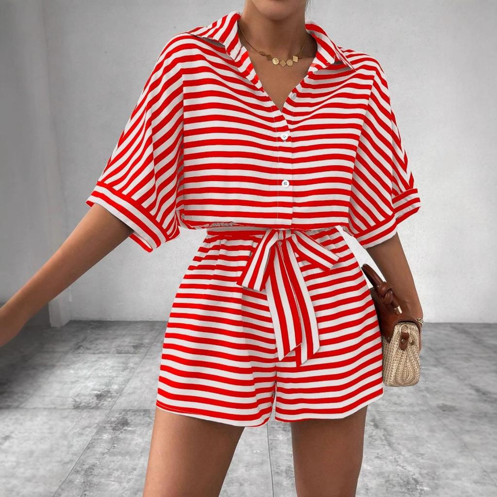 Summer Women's New Striped Lapel Button-up 1/2 Sleeves Jumpsuit Shorts, European American Style Casual Outfit for Crossborder