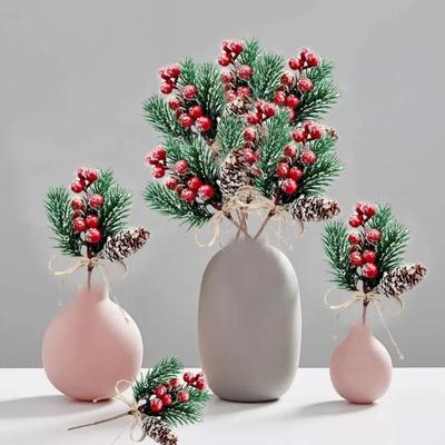 Christmas Pine Picks Artificial Red Berries Branches with Pinecone Stem for DIY Wreath 2026 Navidad Party Decor Xmas Supplies