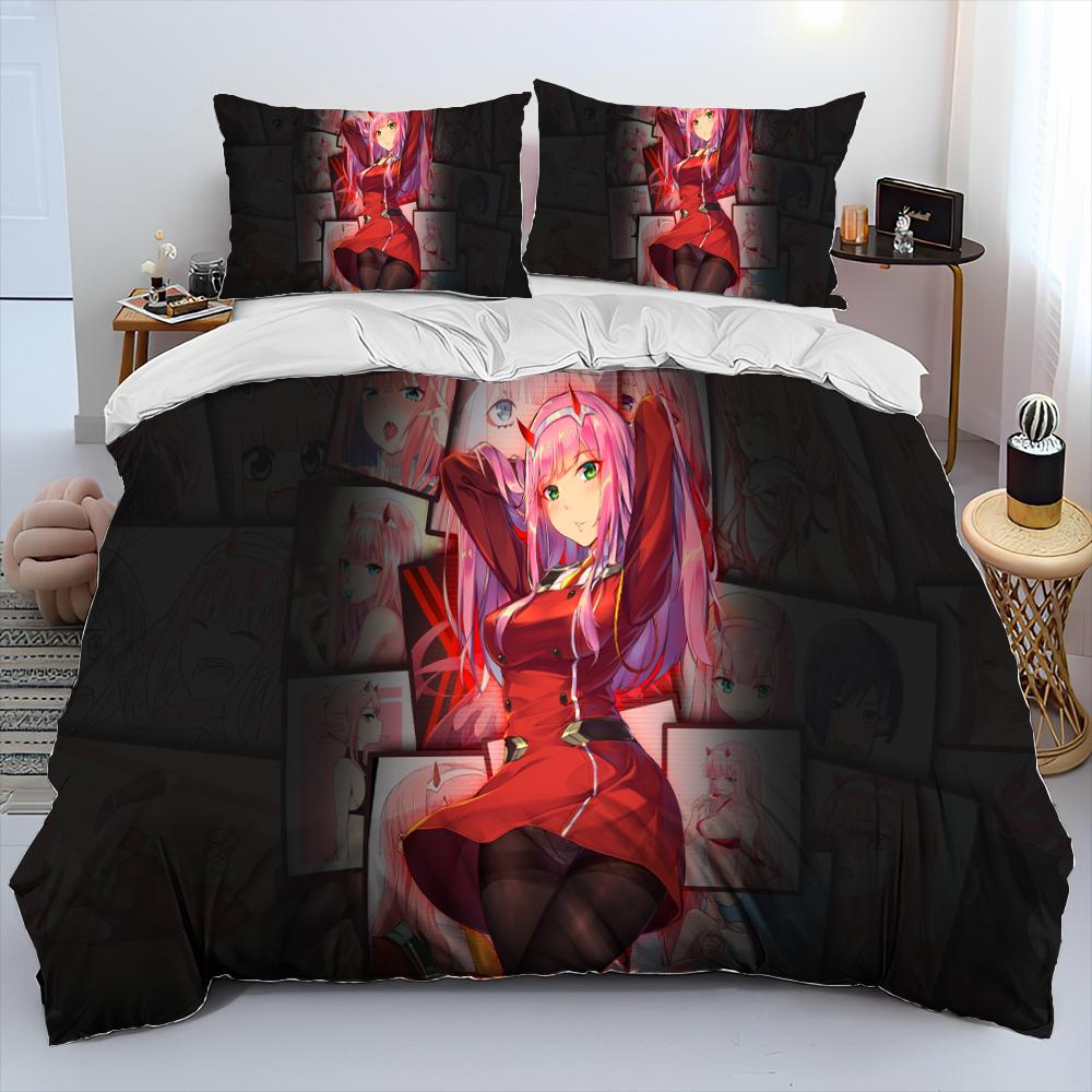 Zero Two DARLING In The FRANXX Anime-Bettwäscheset, Bettbezug, Bettbezug, Kissenbezug, Queen-Size-Bettwäscheset für Kinder