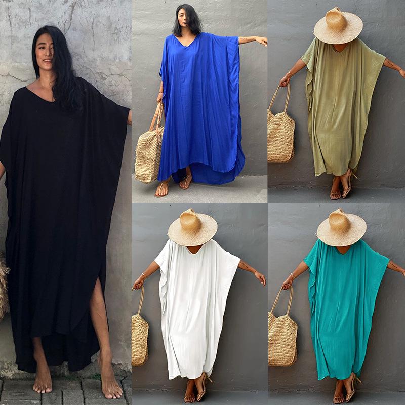 European & American Cotton Long Robe Beach Cover-Up: Solid Color Swimwear Sun Protection Dress