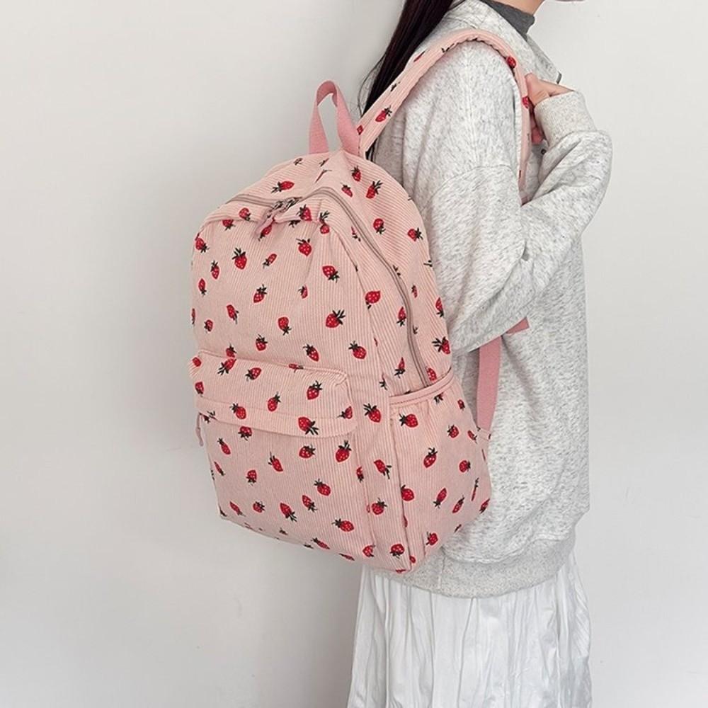 Lightweight Students School Bag Strawberry Students Daypack Storage Bag Corduroy Backpack  Travel