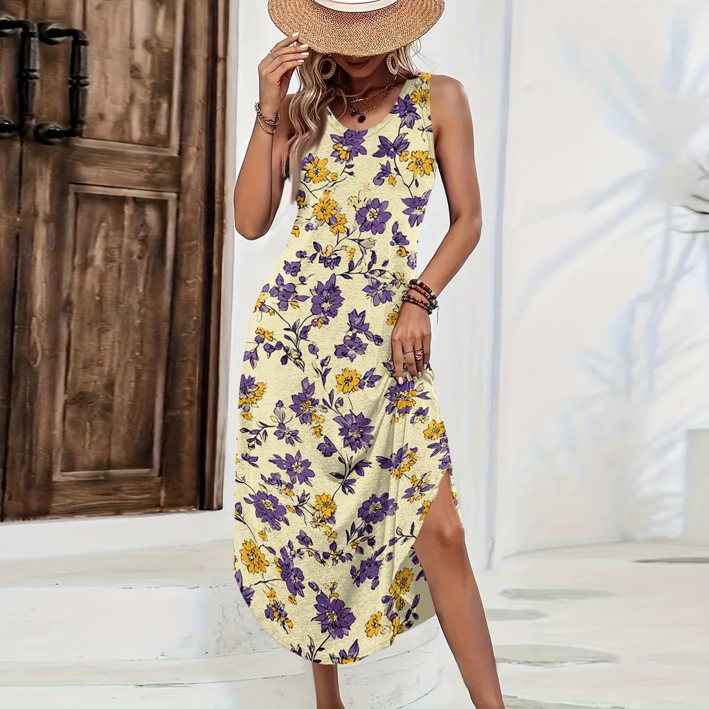 Women Sleeveless Floral Print Maxi Dress Casual Loose Fit Long Sundress Summer Lightweight Tank Style Beach Outfit