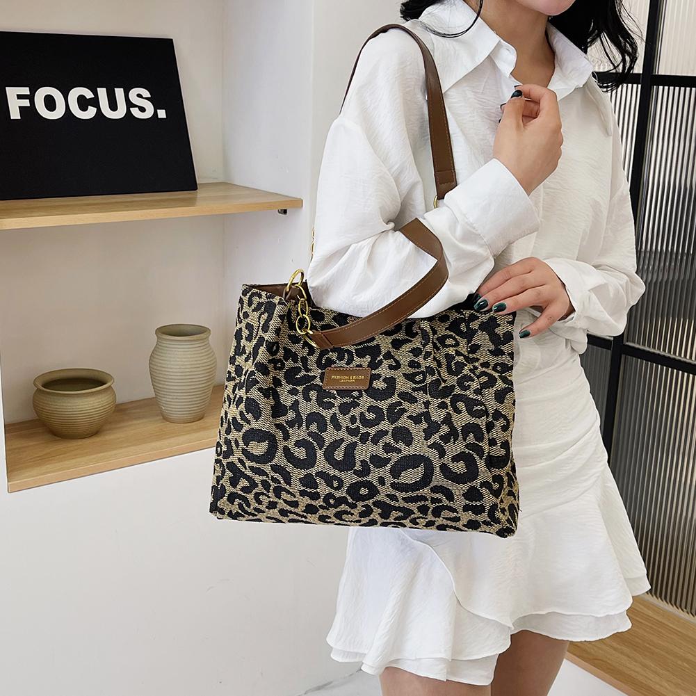 Leopard Print Canvas Shoulder Bag Women Tote Bag Multi-Pockets Handbag with Zipper Underarm Bag for Work Shopping