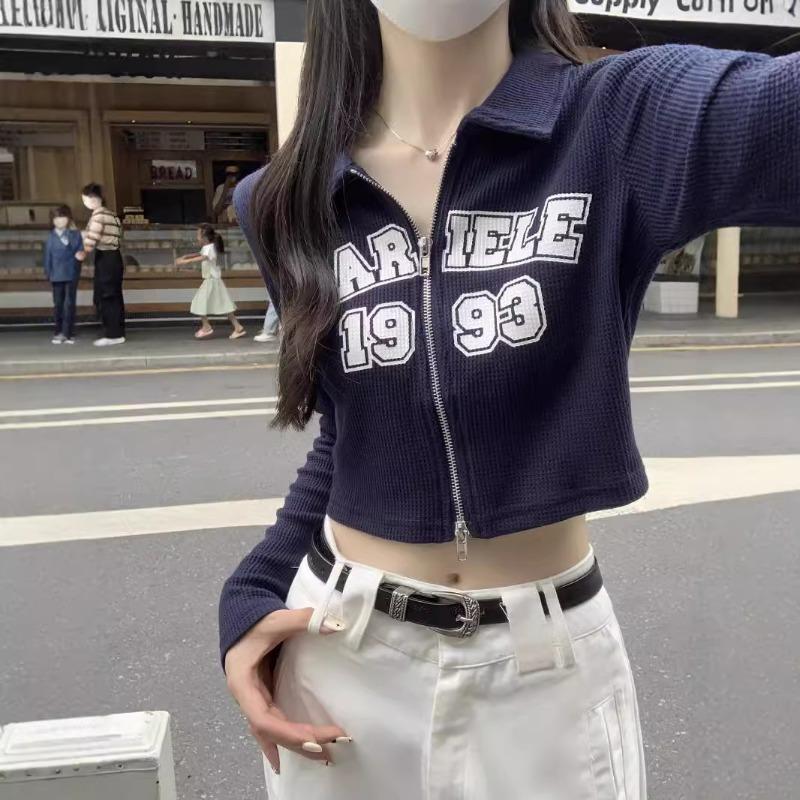 Spring Spice Girl Double Zipper Short Top Alphabet Printed Waffle Polo Neck Long Sleeve Shirt