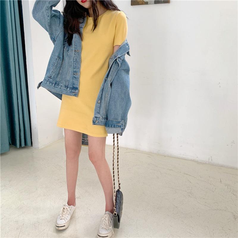Summer New Korean Version Slim Fit Solid Color Short-sleeved T-shirt Women's Medium and Long Dress Women's Clothing Clothes