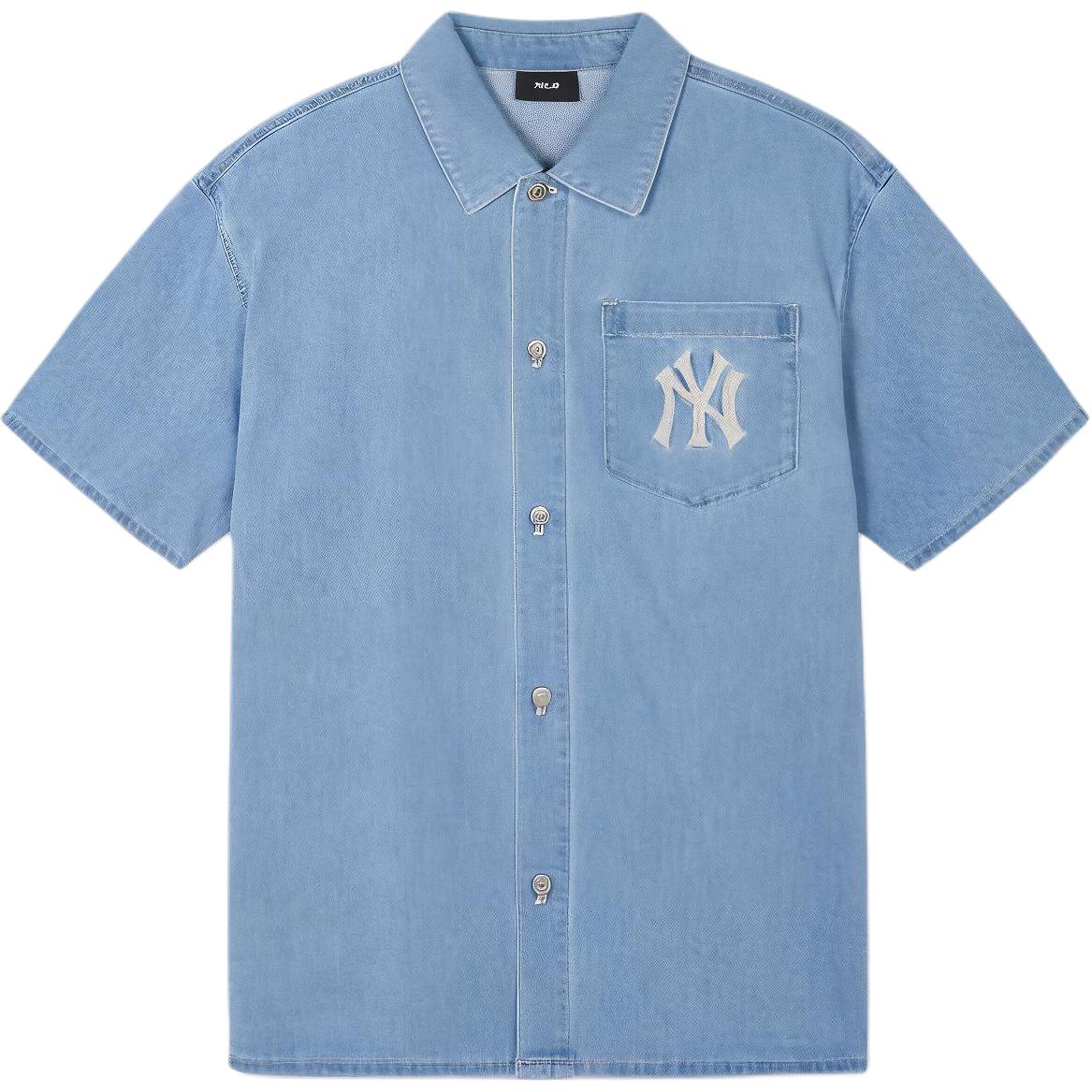 MLB New York Yankees Logo Bestickt Einreihig Denim Lässig Kurzarm Hemd Herrenhemden Blau 3ADRB0443-50BLL XL gray