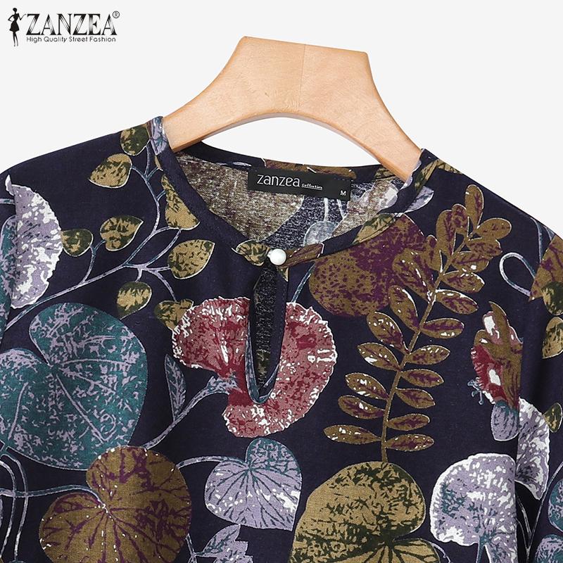 ZANZEA Women Casual Round Neck Loose 3/4 Sleeve Print Cotton Blouse