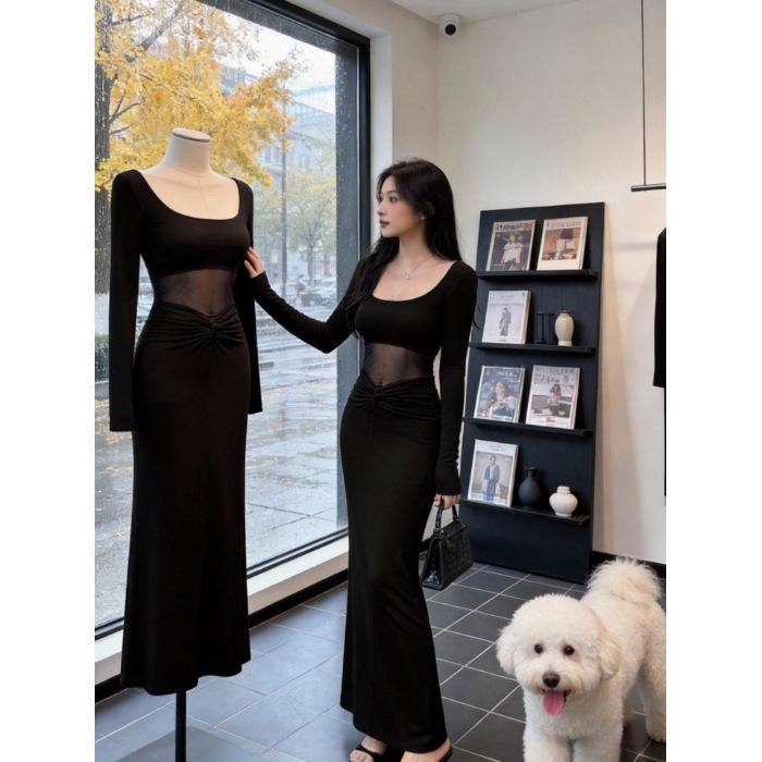 

2026 Spring Women s Sexy Mesh Splice Long Dress: Slim Waist-Cinching, Hip-Hugging Design Small чорний