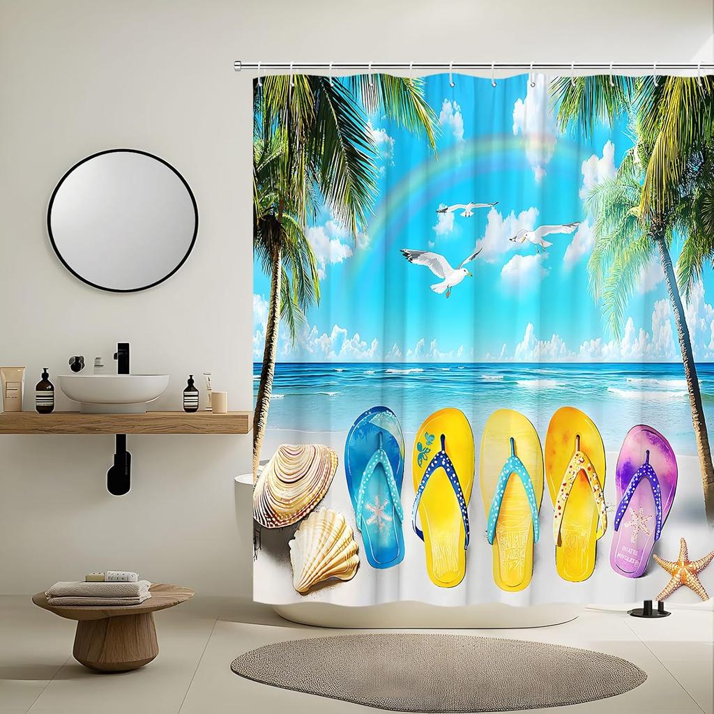 Beach Flip Flops Shower Curtain Summer Tropical Hawaii Ocean Coastal Palm Tree Rainbow Shell Starfish Seagull Seaside Natural