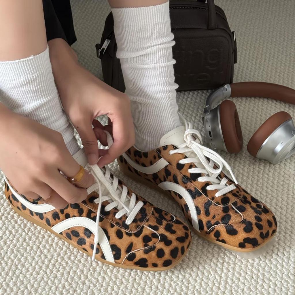 Damen Retro Leopard Print Sneaker - Herbst/Winter 2025 Schnürschuh Quadratische Zehenpartie Lässige Ballerinas in Braun