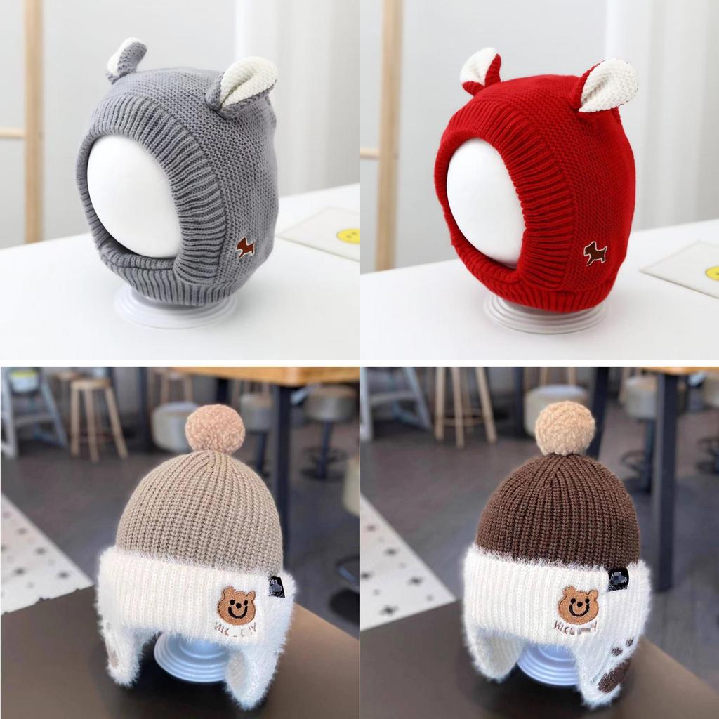 Baby Kids Knit Hat With Cute Dog And Bear Ears For Winter Warmth And Windproof Protection