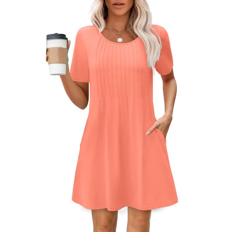 Popular eBay Loose European and American New Pleated Crew Neck Dress with Solid Color Women's Clothing
