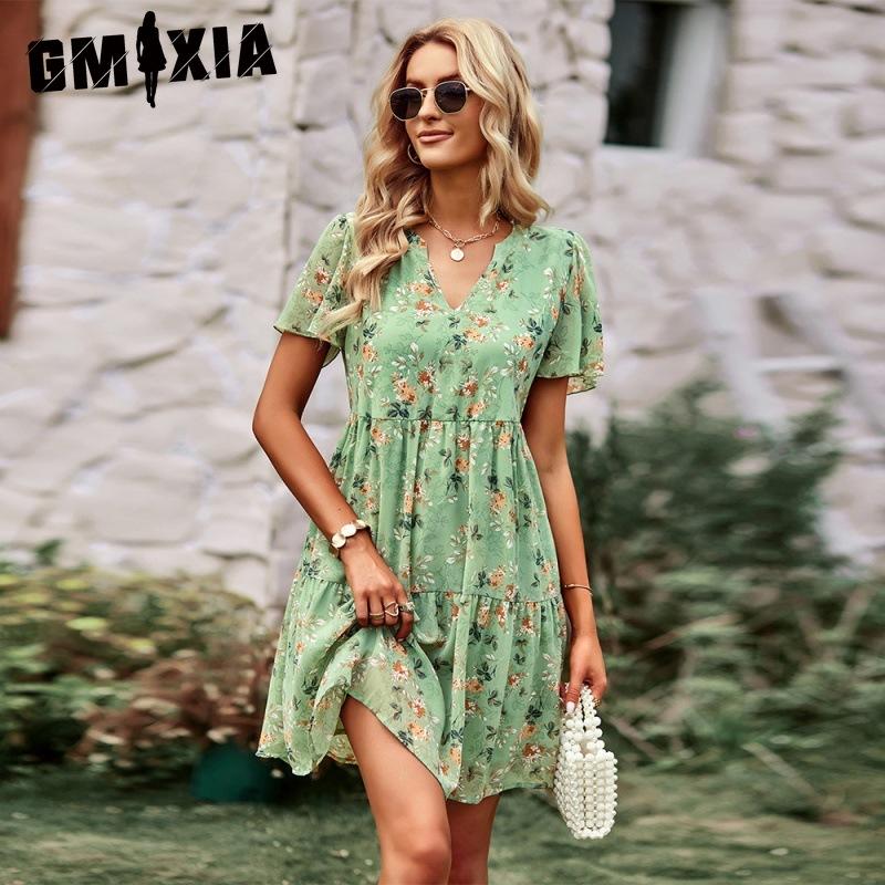 GMXIA Women's Fashion Summer Spring Short Sleeve V-Neck Casual Dresses
