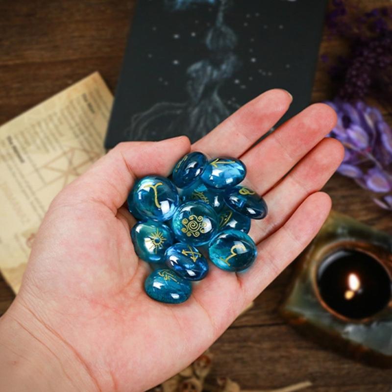 13Pcs Glass Runes Stone Irregular Divination Runes Stone with Instruction and Storage Bag Heal Gift Decoration