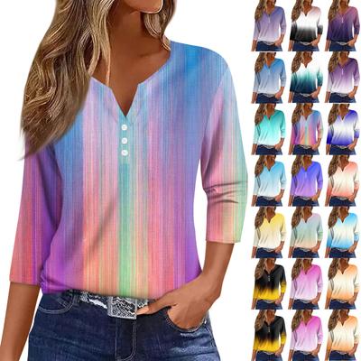 Women's Fashion Casual Printed V-Neck Seven Sleeve Button Down T-Shirt Top