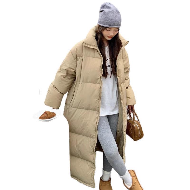 Women's Thick Padded Over-the-Knee Cotton Coat with Stand-Up Collar, Loose Fit, Plus Size, Long-Length Warm Outerwear.
