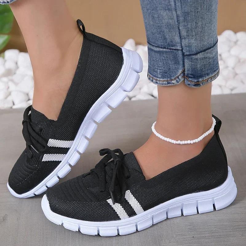 Fashion Lightweight Women Casual Shoes Mesh Breathable Casual Sneakers Woman Striped Knitted Flats Comfortable Walking Shoes Plus Size