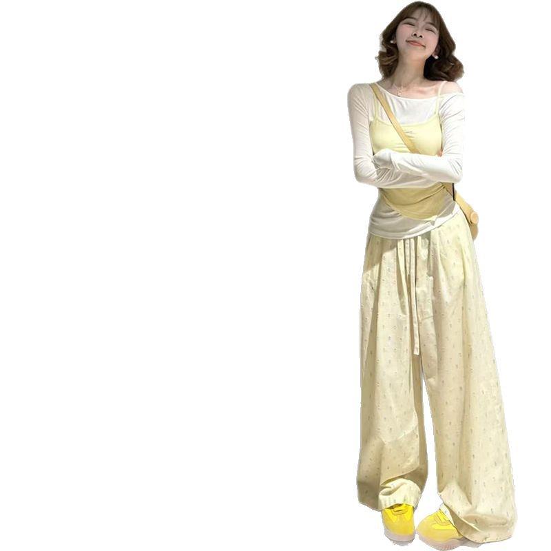 Dopamine Yellow Polka Dot High-Waisted Wide-Leg Pants for Women, Petite, Spring/Autumn 2025, Lightweight, Floor-Length