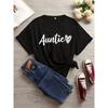 Plus Size Casual T-shirt Women's Plus Letter & Heart Print Short Sleeve Round Neck Slight Stretch T-shirt