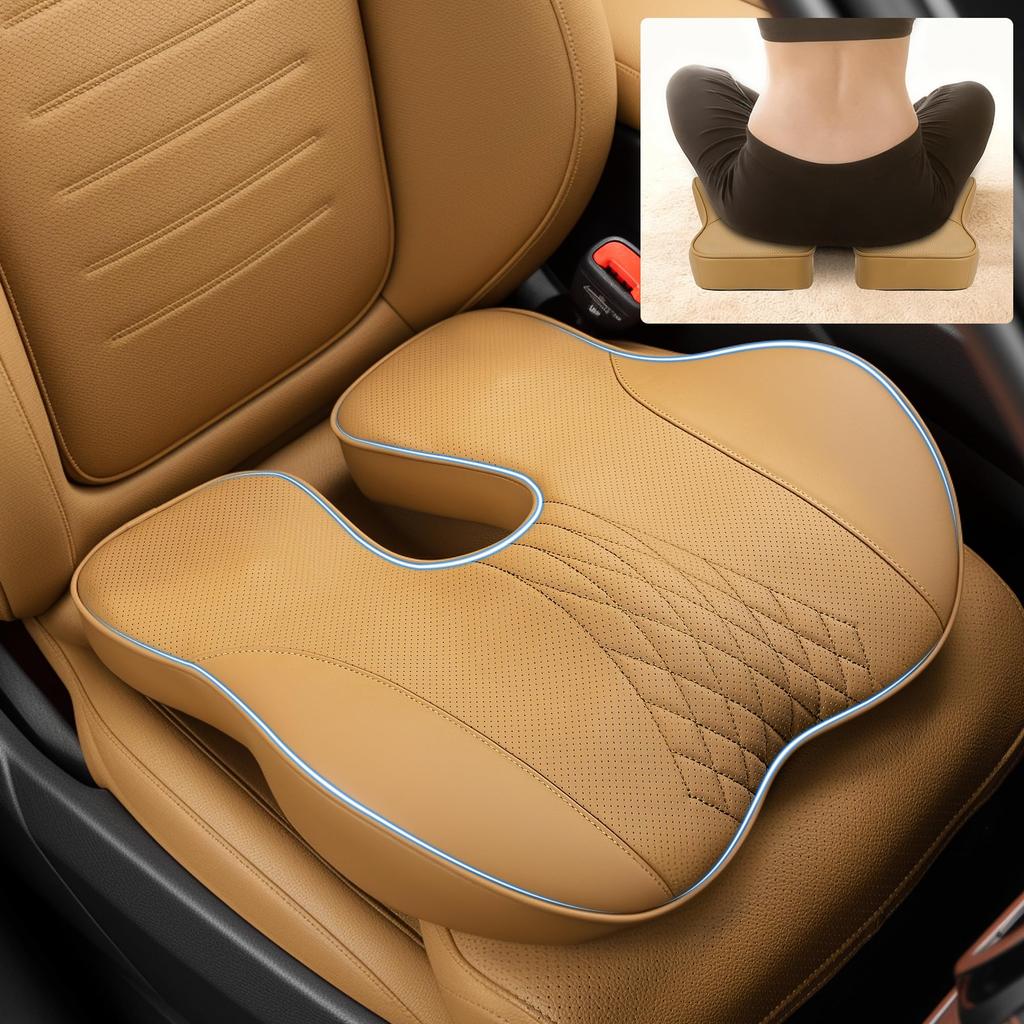 PU Leather Car Cushion Ergonomic Memory Foam Seat and Lumbar Pressure Breathable Car Cushion Akiyama Chestnut 1 Piece Design, Relief, Brown,