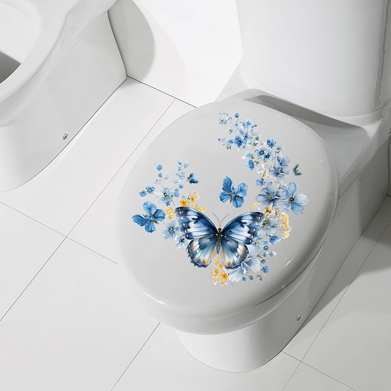 New Blue Flower Butterfly Sticker Bathroom Waterproof Toilet Sticker Self-adhesive Wall Sticker