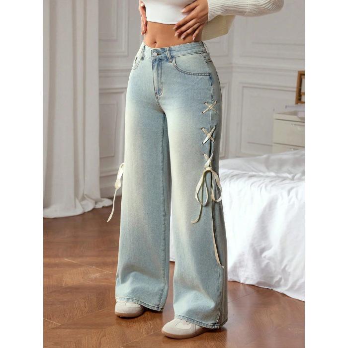 Plus Size Women s Straight Loose Jeans with Side Ribbon Tie - Washed Stretch Denim Fashion. XXXXL