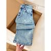 Damen High Waist Weite Beine Hose Locker Gerades Bein Strass Nieten Jeans Uni Helle Waschung Non Stretch Denim Lang Lässig Sommer Hose