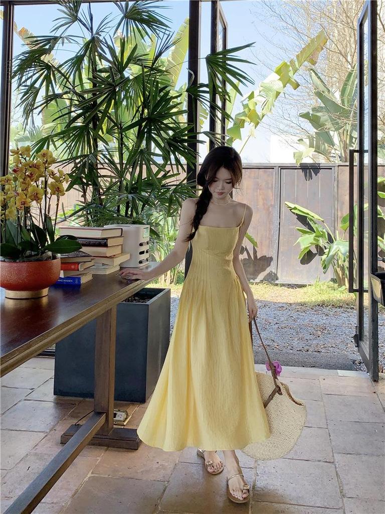 Women's Yellow Spaghetti Strap Summer Maxi Dress