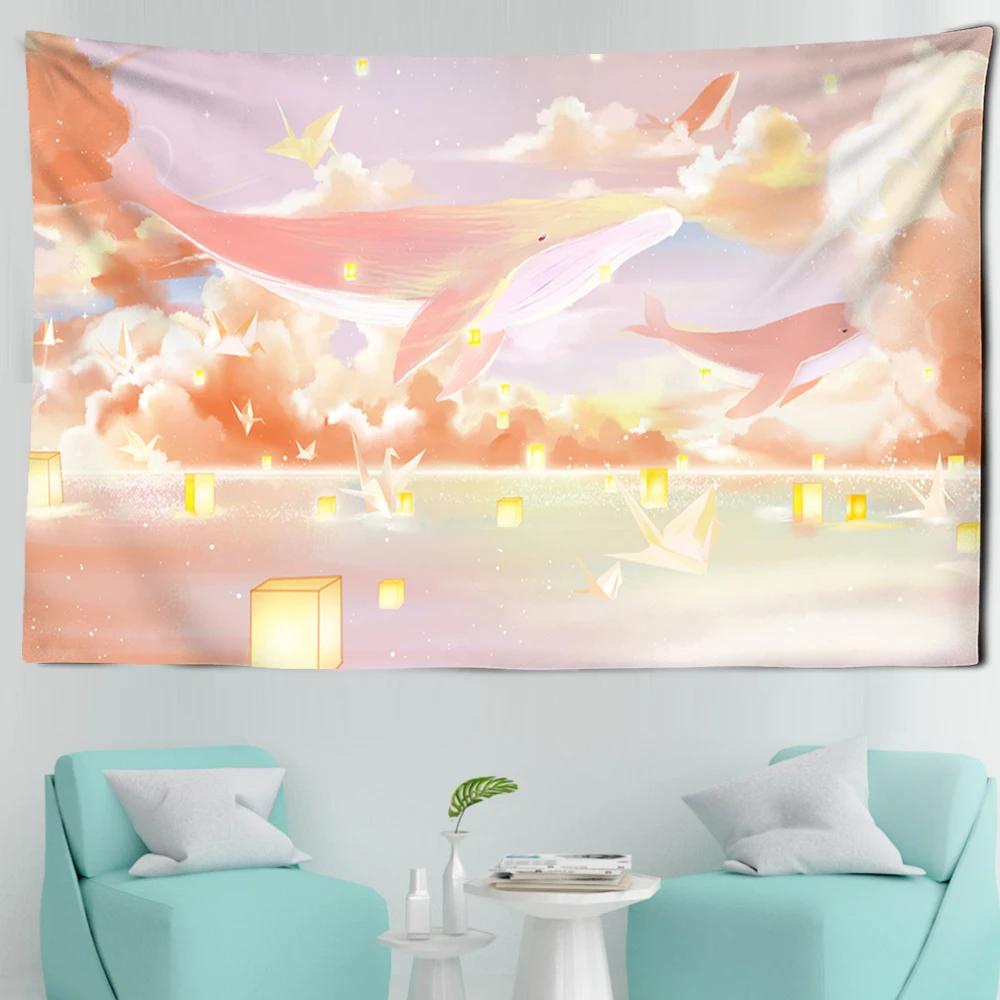 Tapestry Aesthetics Cartoon  Sky Dolphin  Pink Purple Cloud  Bedroom Wall Home Decoration