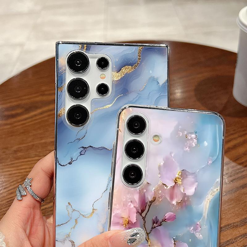 Clear Marble Flower Pattern Case For Samsung Galaxy S26 S25 S24 S23 Ultra S22 Plus S25 FE A56 A36 A26 A55 A54 A15 5G Phone Cover