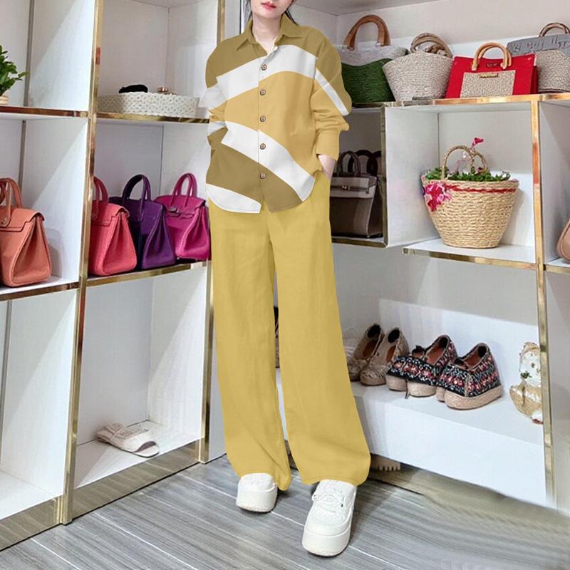 ZANZEA Women Long Sleeve Print Blouse and Pants Casual Two Piece Suit Sets