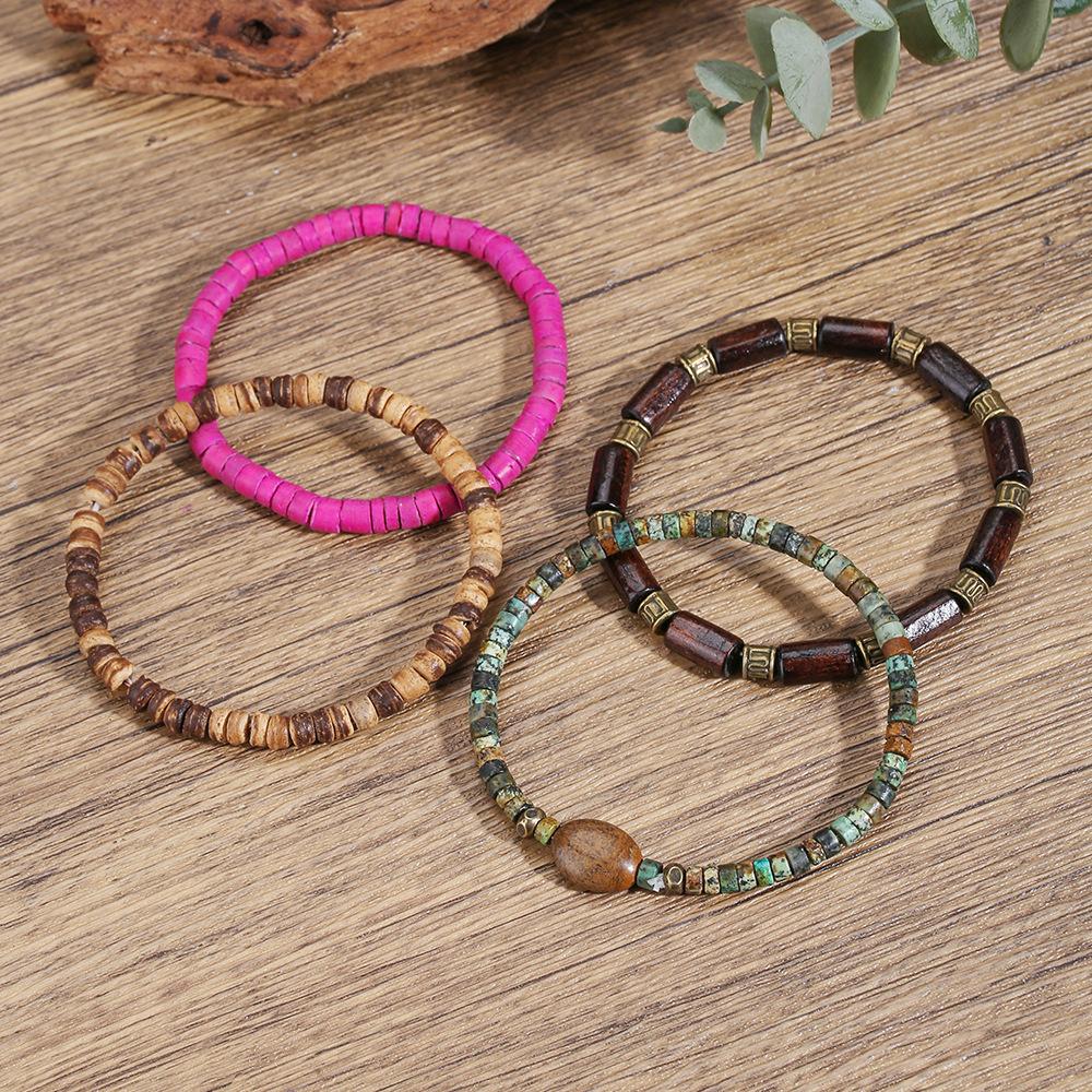 European and American ethnic stacked beaded elastic bracelets personalized Maillard retro wooden beads coconut shell natural stone jewelry