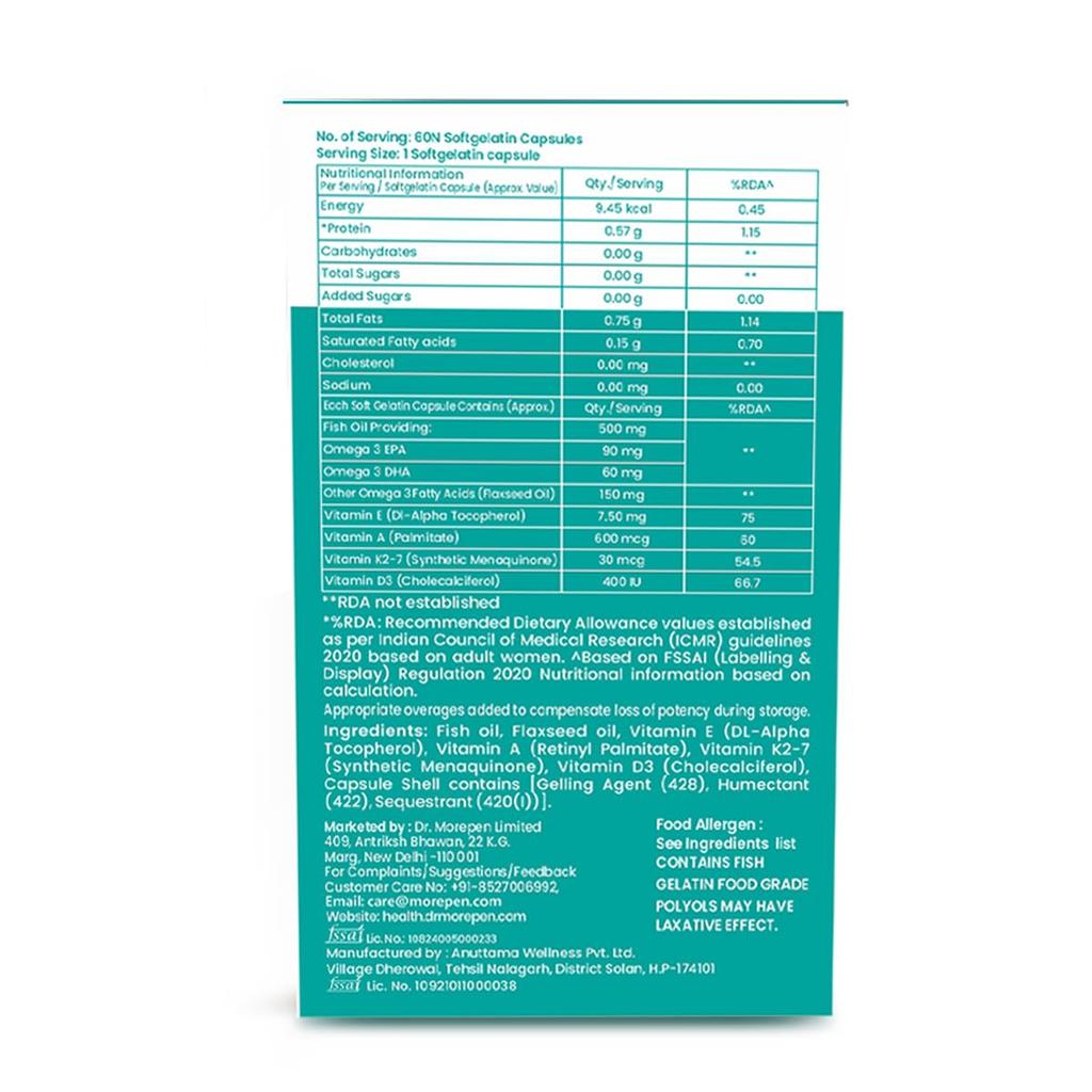 Dr. Morepen Omega 3 Fish Oil Capsules 500 Mg with EPA DHA High Potency 60 Count Pack Of 2