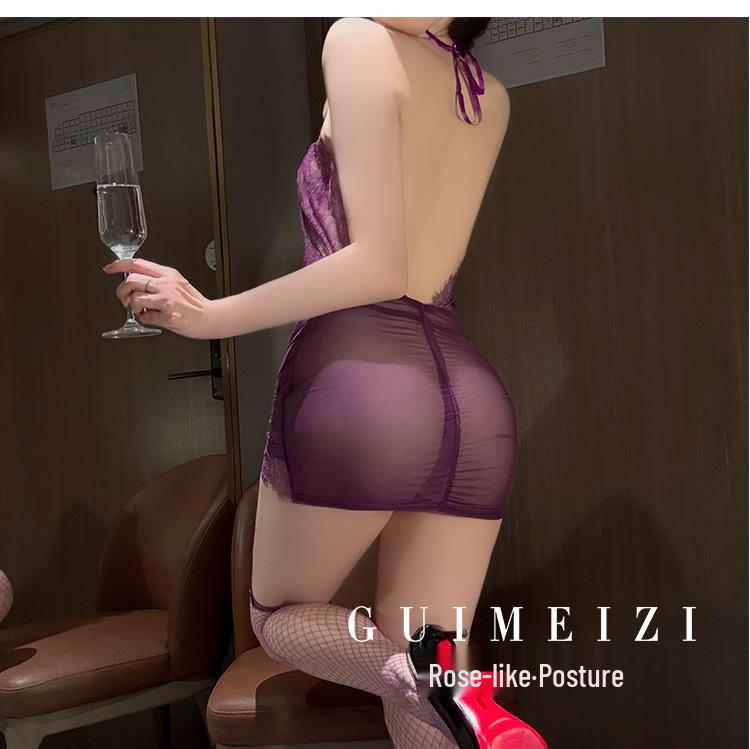 Guimeizi Sheer Lace Bodycon Lingerie Dress - Halter Neck Secretary Style
