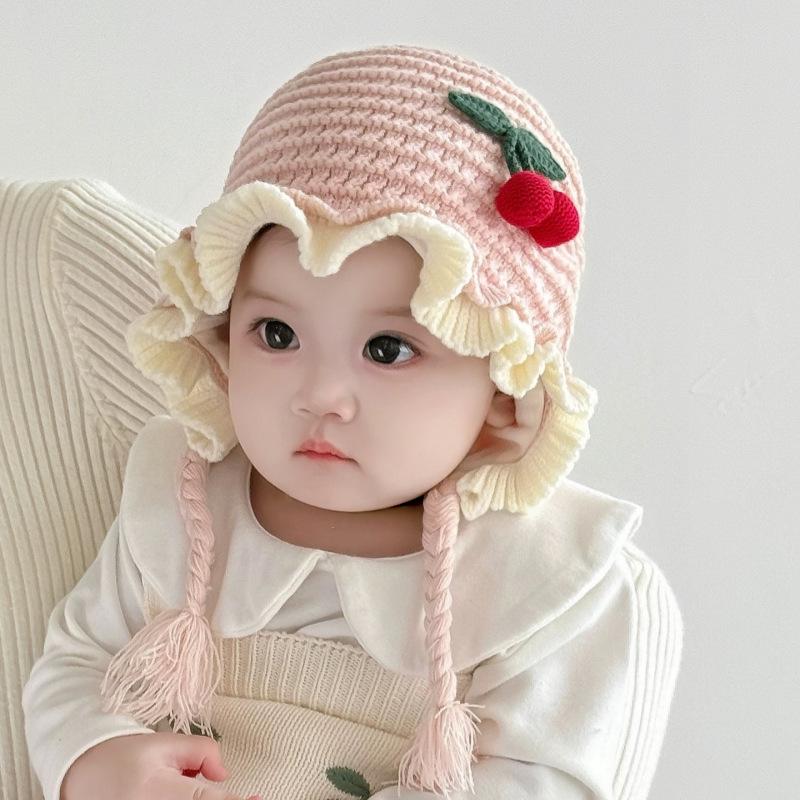 Cozy Cherry Princess Knitted Baby Hat with Ear Protection - Perfect for Autumn and Winter