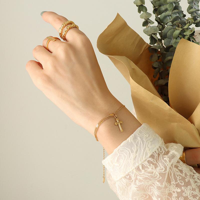 

Комплект ювелирных изделий из титановой стали с покрытием из настоящего золота 18 карат, простой браслет-крест в стиле хип-хоп Cold Wind Personality