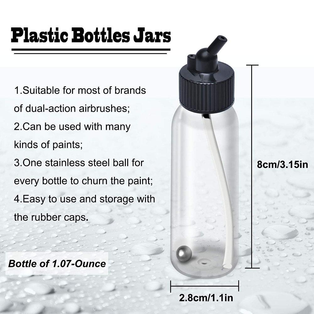10 Pack 30ML Airbrush Plastic Bottles Jars with caps for Dual-Action Siphon Suction Feed Airbrush