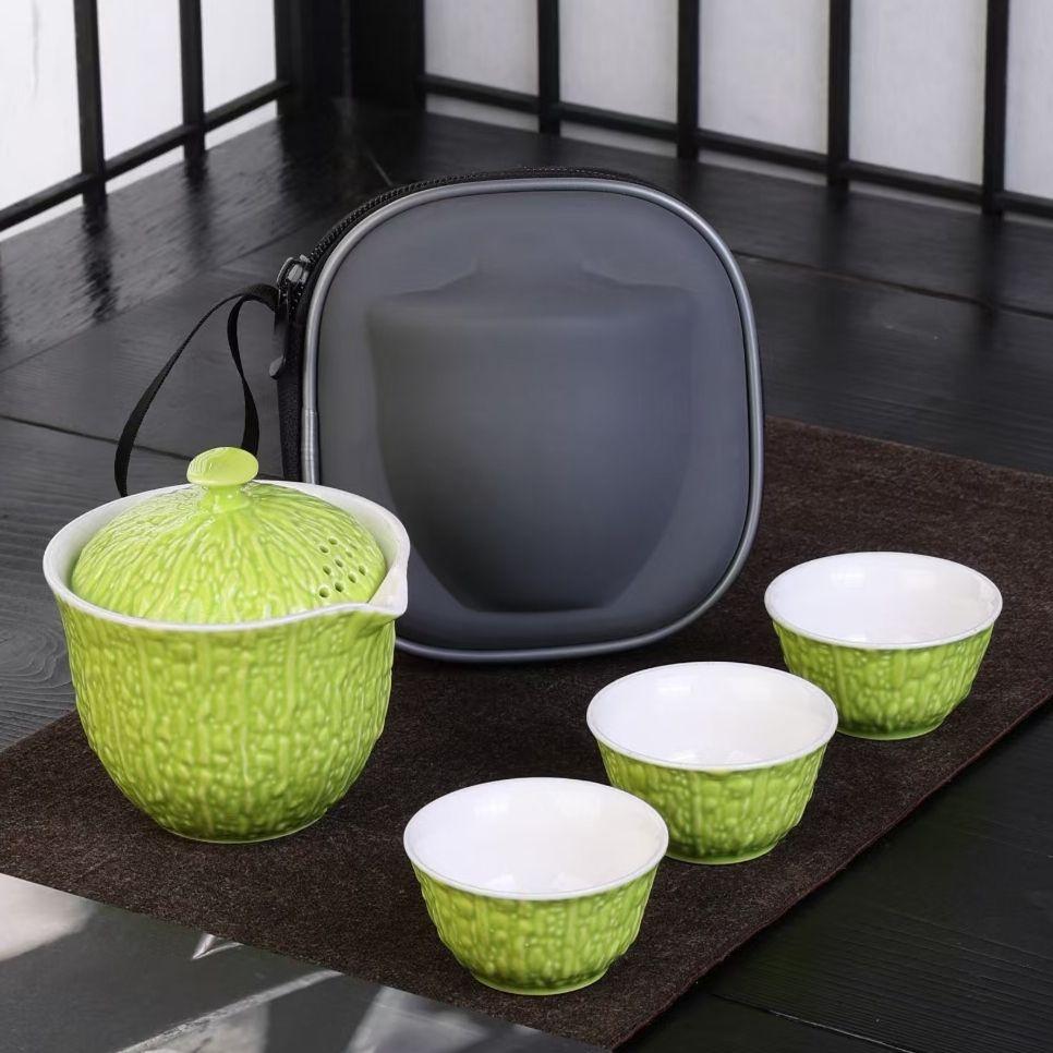 

Портативный набор для кукурузного чая, Керамический чайник с бальзамической грушей, Чайник для заваривания чая в походе на открытом воздухе, Быстрая чашка для гостей, 1 Гайвань, 3 Чашки