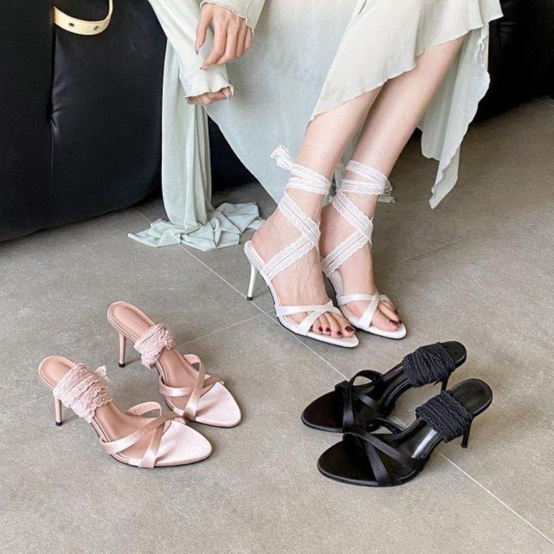 Fashion Womens High Heels Sexy French Lace Sandals Summer 2025 Cross Strap Fashion Ladies Outdoor Party Dress Sandals Sandalias De Tacón