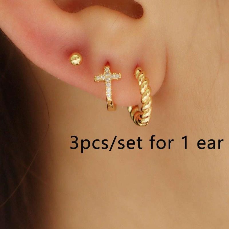 

3pcs/Set Elegant Cubic Zirconia Cross Stud & Dangle Earrings Set, Copper Hoops, Everyday Casual Accessories, Holiday Gift For Women