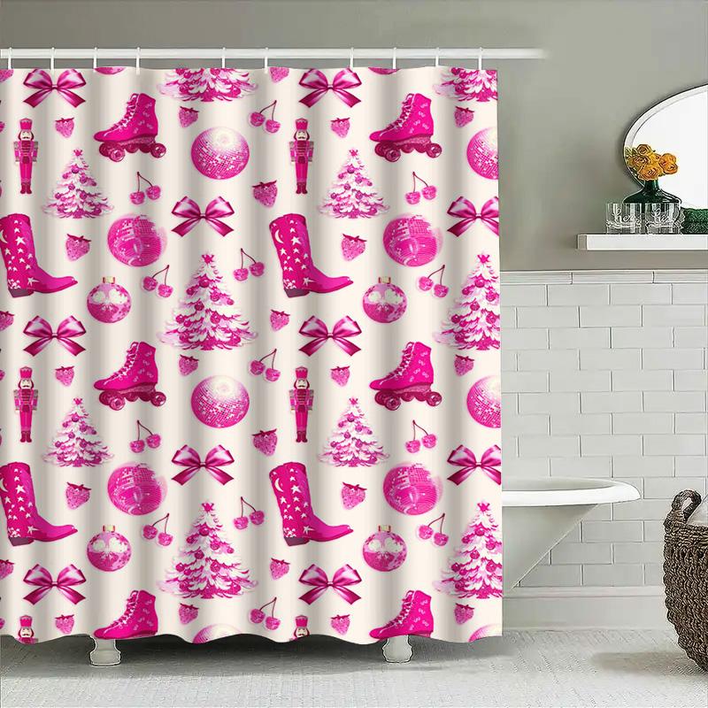 Vintage Christmas Shower Curtain with Pink Festive Print for Bathroom Decor 3D Waterproof Wall Covering Set for Home Decoration