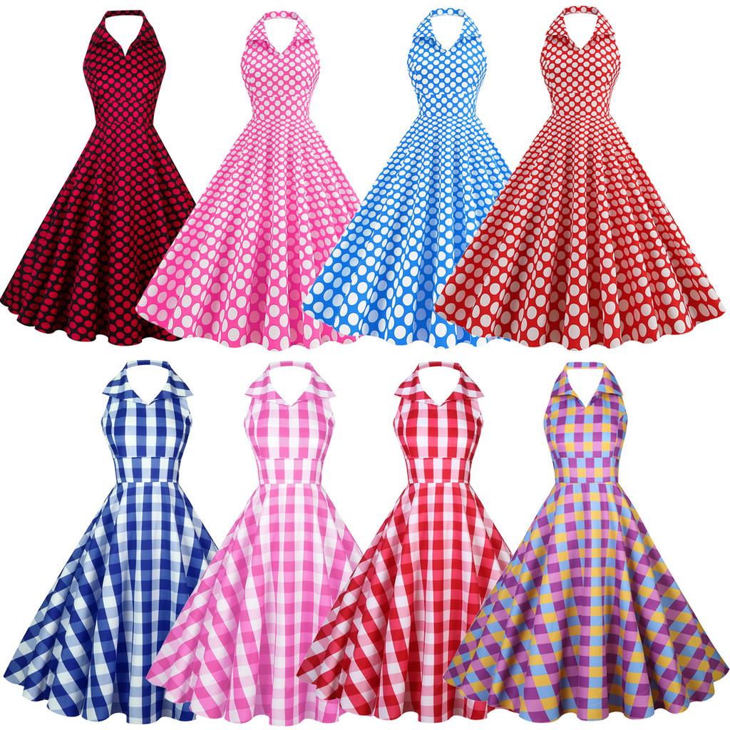 

Women Retro 50s 60s Hepburn Halter Polka Dot Print Sleeveless Midi Dress Bridal Host Wedding Bride Bridesmaids Party Gowns S