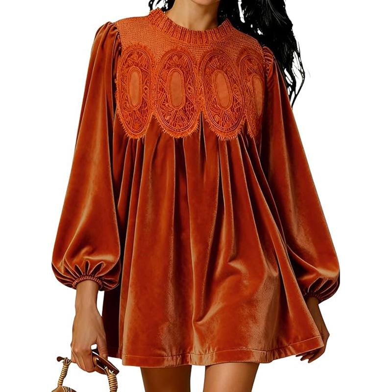 Women s Velvet A-line Dress with Lace, Pleated Hem, and Lantern Sleeves. Extra Large оранжевый/красный