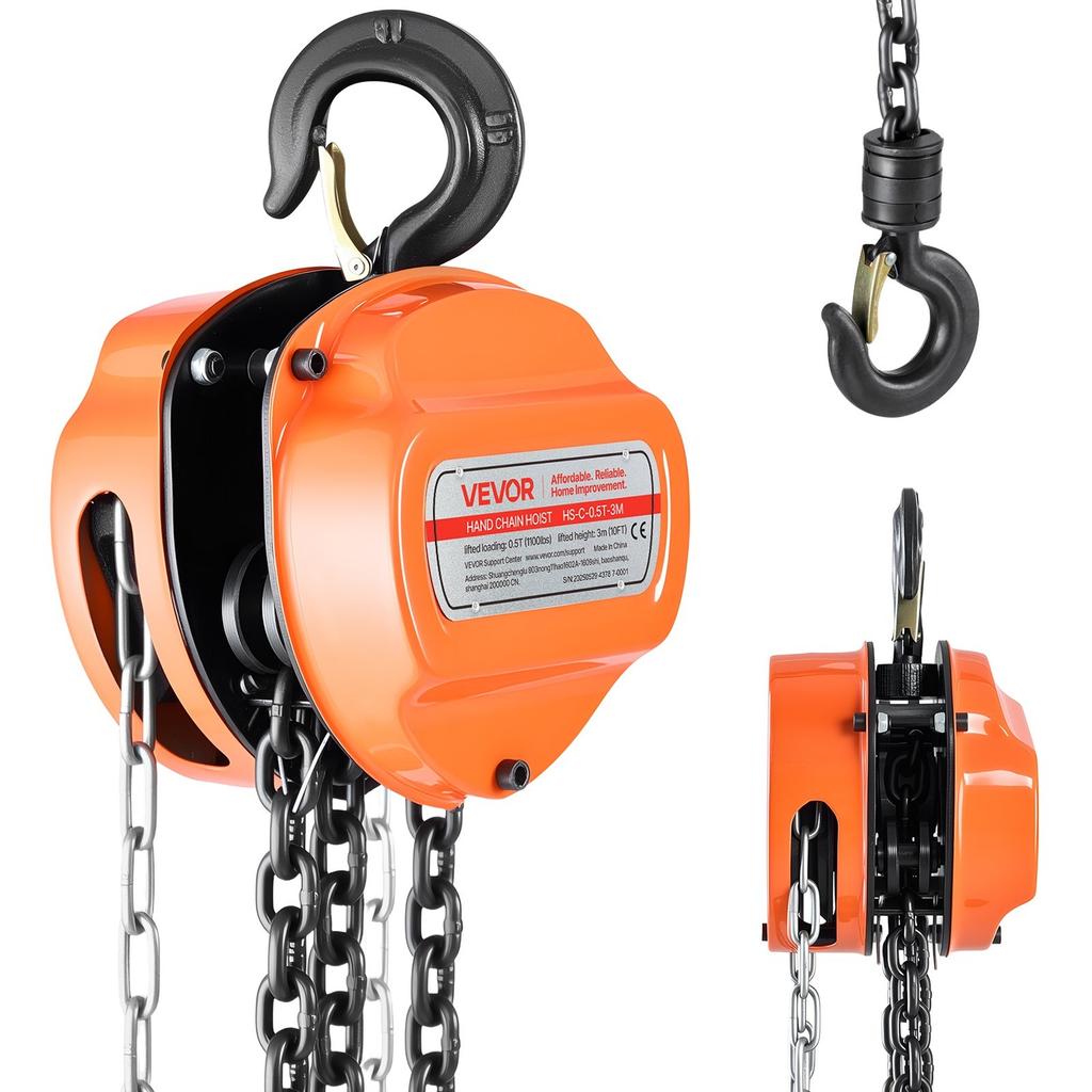 Hand Chain Hoist, 1/2 Ton Capacity, Manual Chain Block with Upgrade G80 Galvanized Chain, 3 M Lifting Height, Heavy Duty Pulley Hoist for Garage